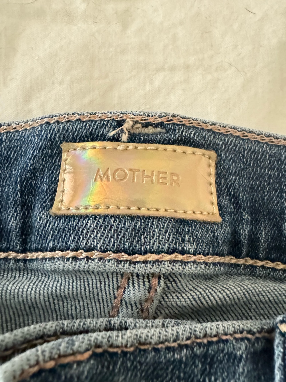 MOTHER Light Blue Denim Jeans with Iridescent Patch